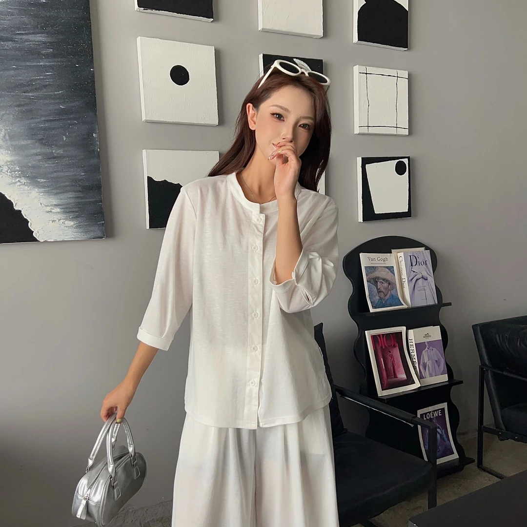 D171夏季新款时尚韩版冰丝冰感锦纶净版纯色休闲百搭女士衬衫