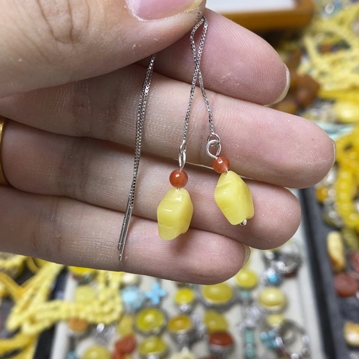 蜜蜡银S925镶嵌裸石耳线