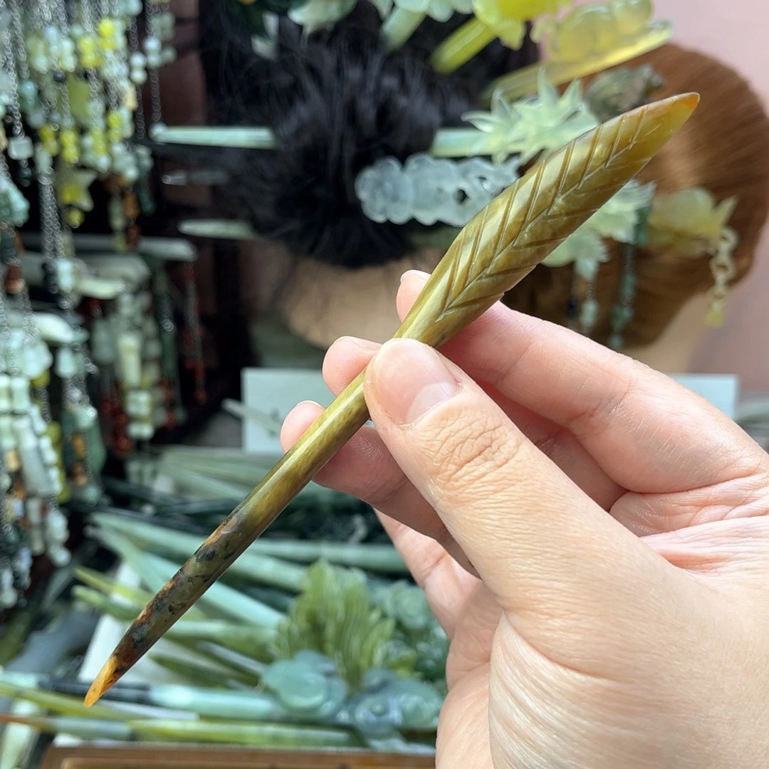 蛇纹石玉发饰未镶嵌长度17厘米左右