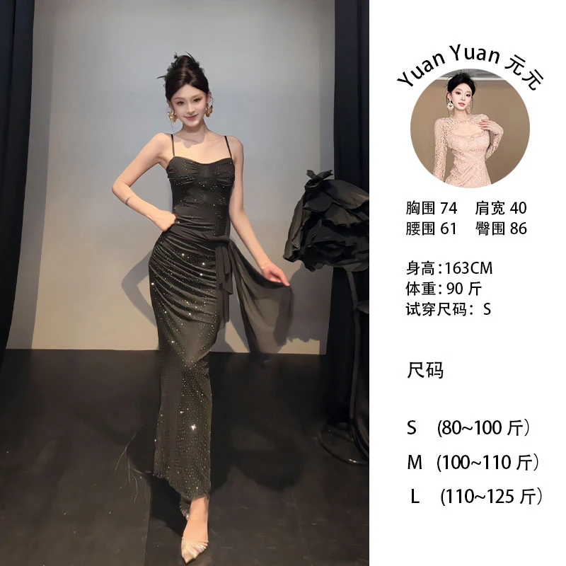 f5/250399 0624-1【Yy】性感包臀裙吊带长裙烫钻连衣裙时尚小众长裙