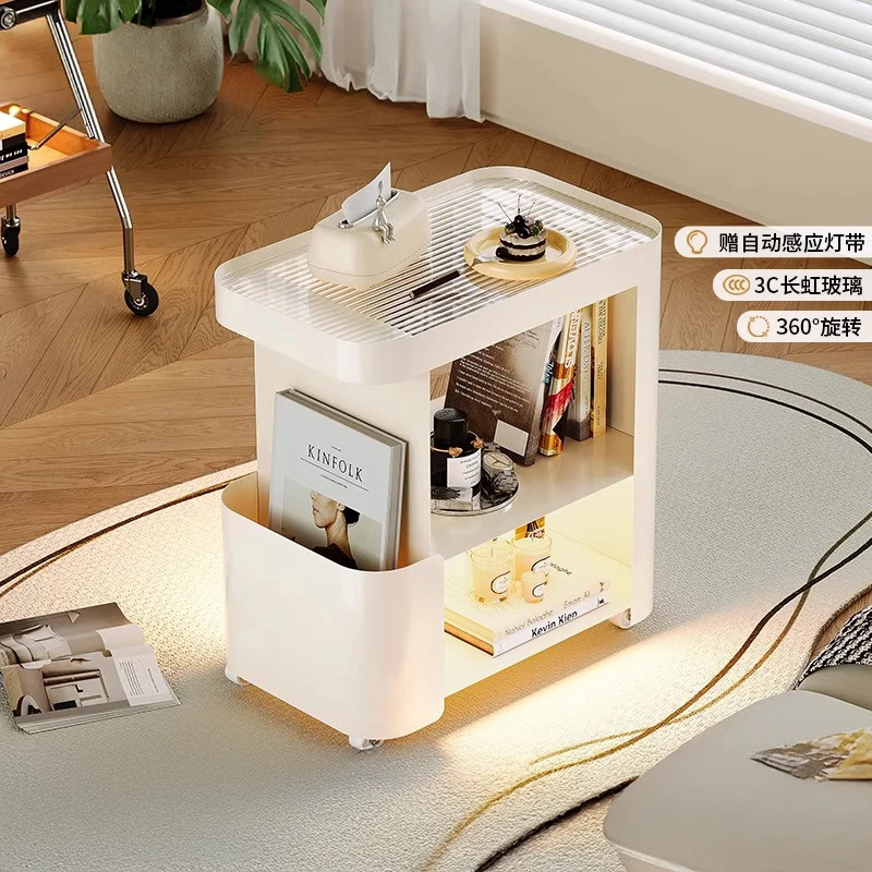 奶油风边几可移动茶几沙发侧边柜客厅小桌子带灯铁艺推车置物架