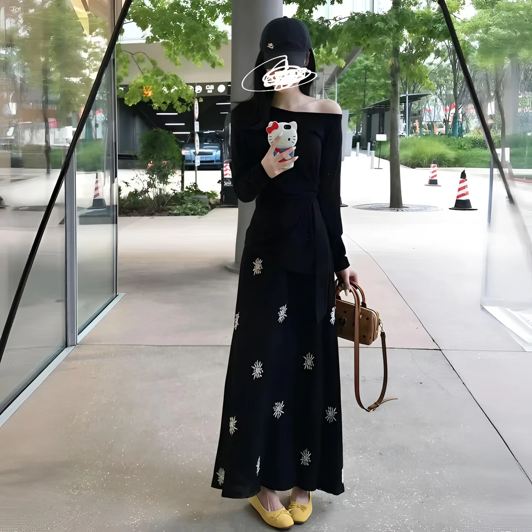 巨好看秋装一整套时尚套装女2025新款韩系露肩绑带上衣显瘦半身裙