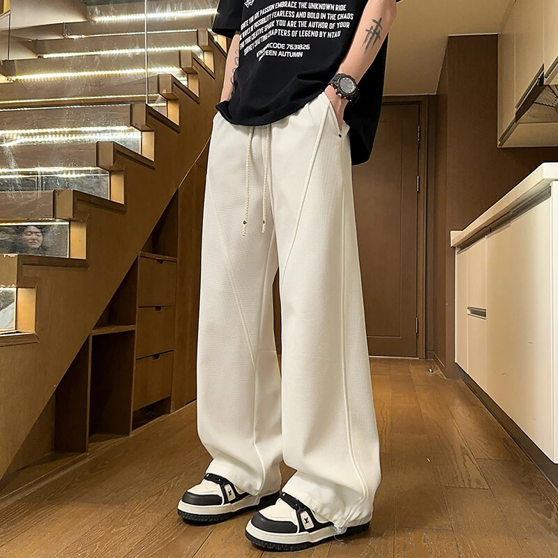 华夫格休闲裤男春季新款潮牌弯刀裤宽松直筒卫裤垂感运动长裤子