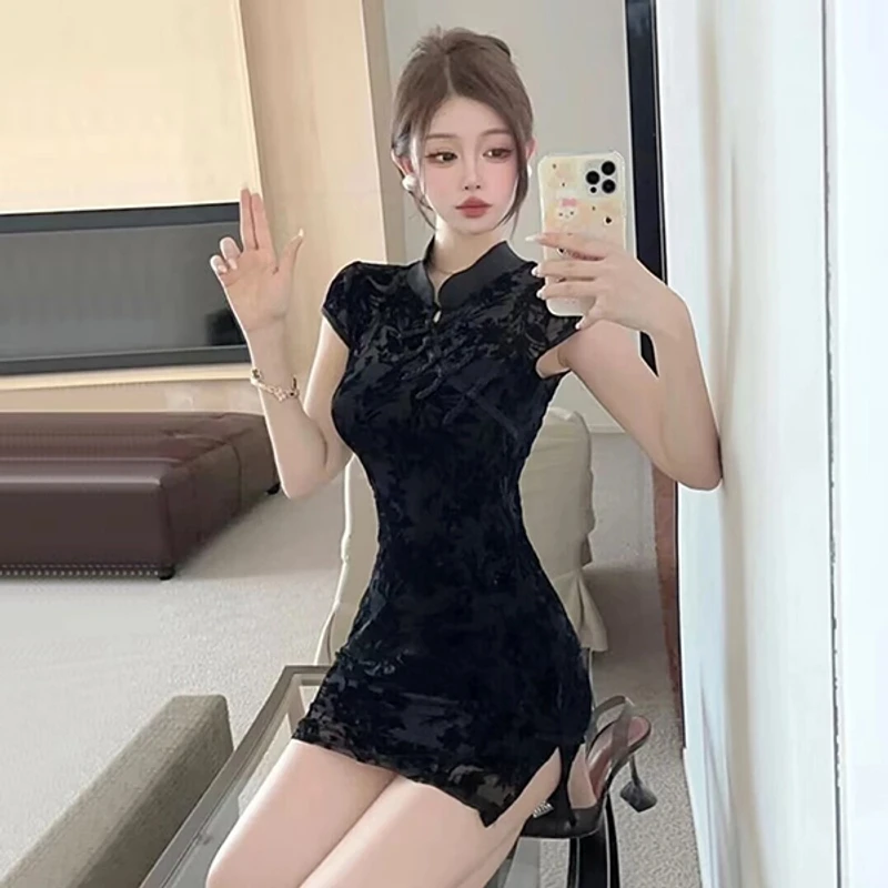 性感小个子中国风短裙蕾丝金牡丹收腰显瘦旗袍女装洋气时髦气质