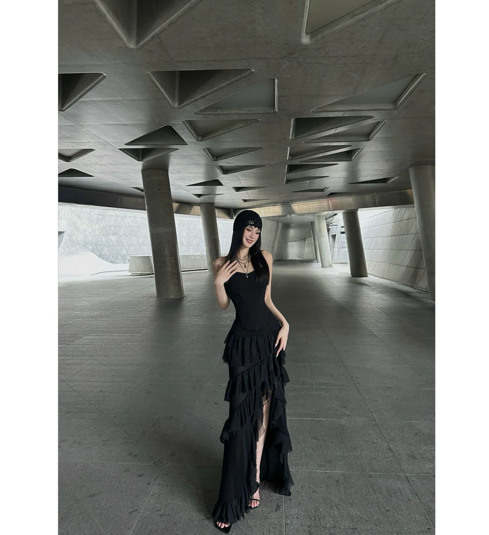 BETTER ME 黑色不规则蓬蓬蛋糕裙长款半身裙