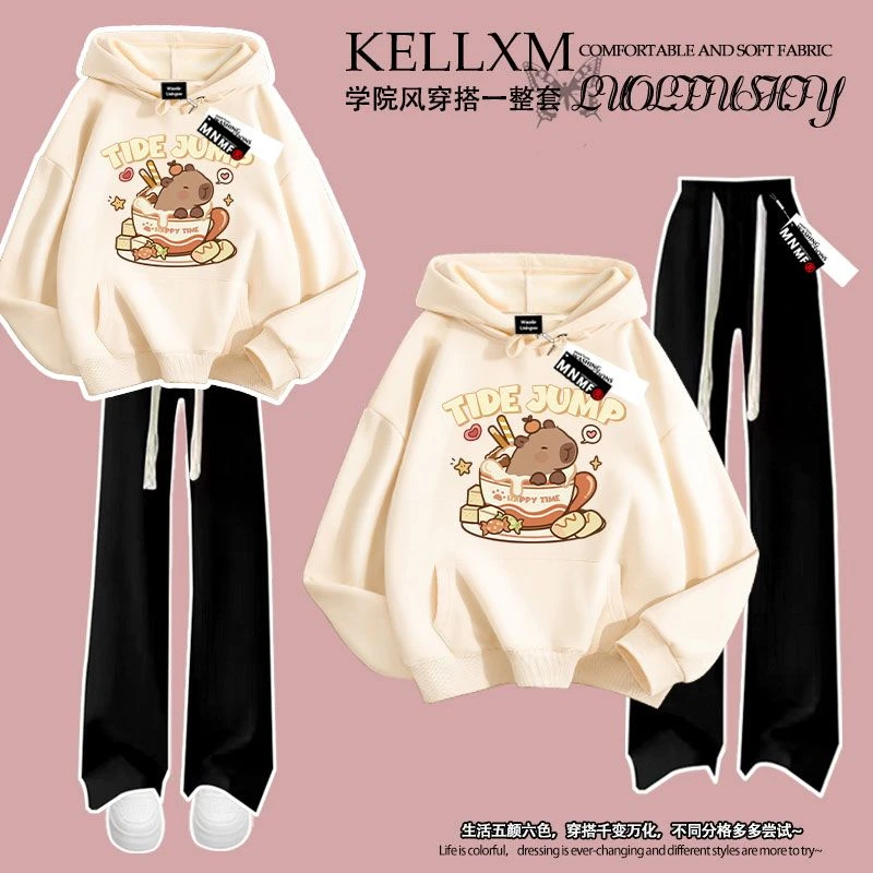 新款趣味卡皮巴拉印花秋冬季男女童套装连帽卫衣长裤中大童两件套