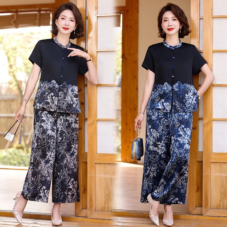 2025夏季妈妈装高级感新中式T血套装优雅气质中老年女时尚阔腿裤