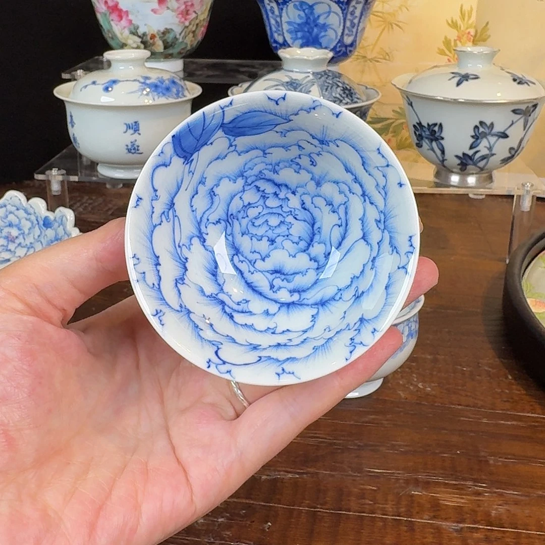 青樵轩白描牡丹品茗杯