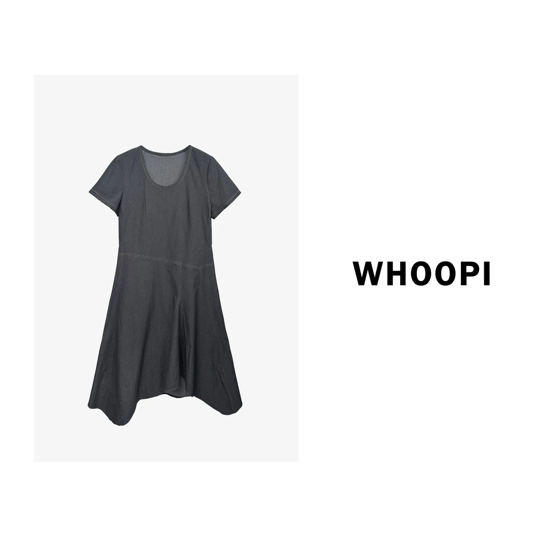 【Whoopi】【西部漫游】独特收腰不规则圆领短袖仿牛仔连衣裙