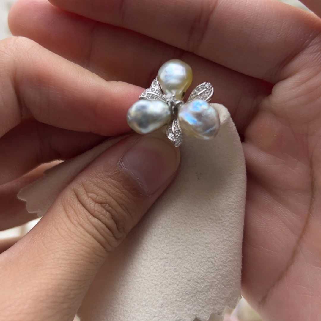 银S925镶嵌戒指海水珍珠海水金珠keshi戒指
