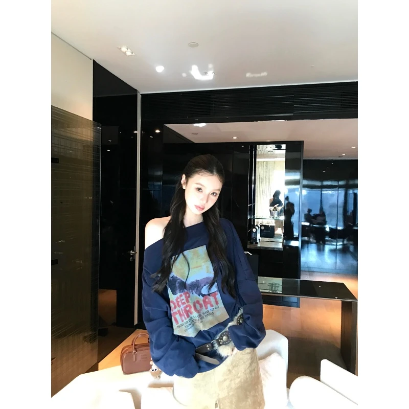 美式复古宽松慵懒风百搭斜肩卫衣设计感时尚开叉百搭半身裙两件套