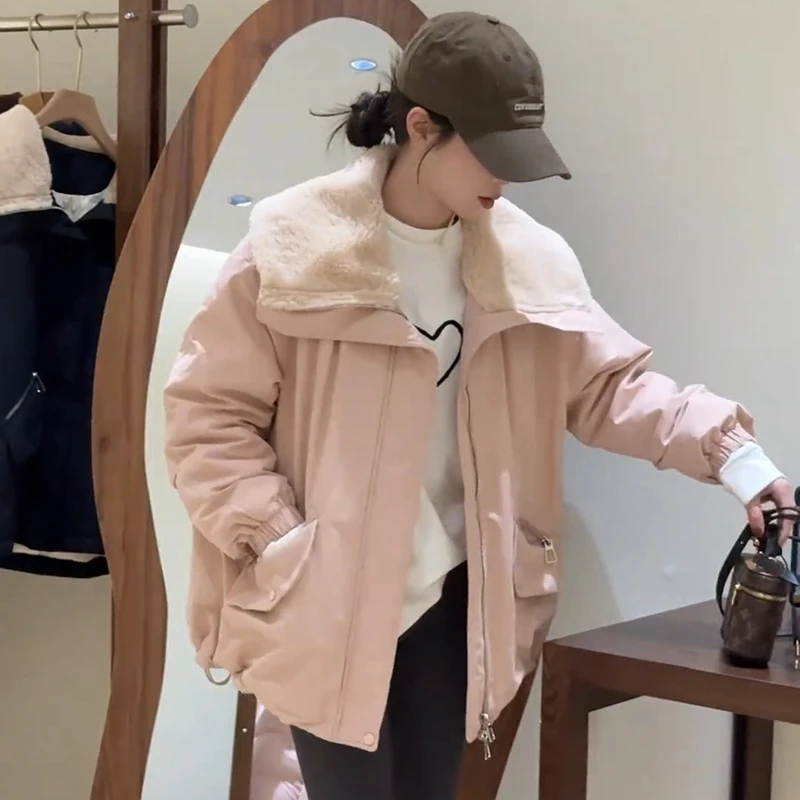 羊羔毛拼接海军领服女中长款外套2025秋冬新款加厚保暖工装棉袄