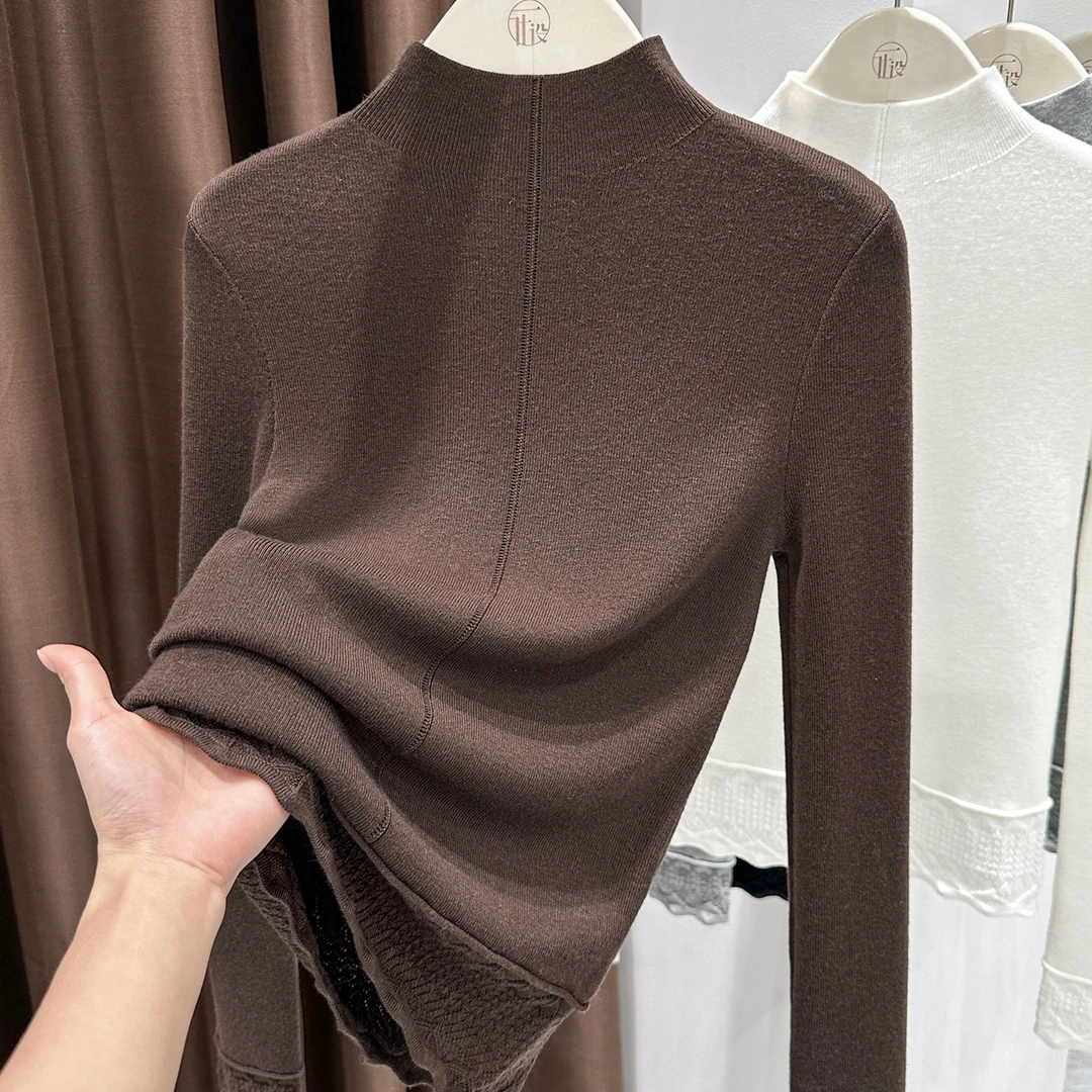 咖色复古半高领正肩上衣女秋冬新款柔软细腻长袖T恤修身针织打底