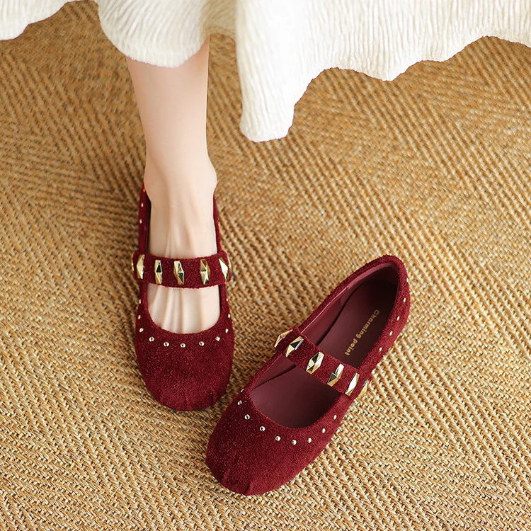 ANDER2025年早春新款真皮芭蕾舞单鞋铆钉搭扣圆头平底浅口单鞋女