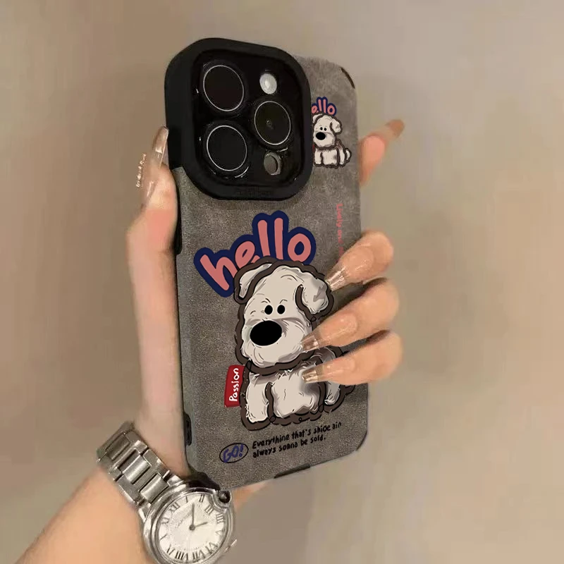 翻毛皮壳适用苹果16promax手机壳iPhone15创意14保护套17卷毛小狗
