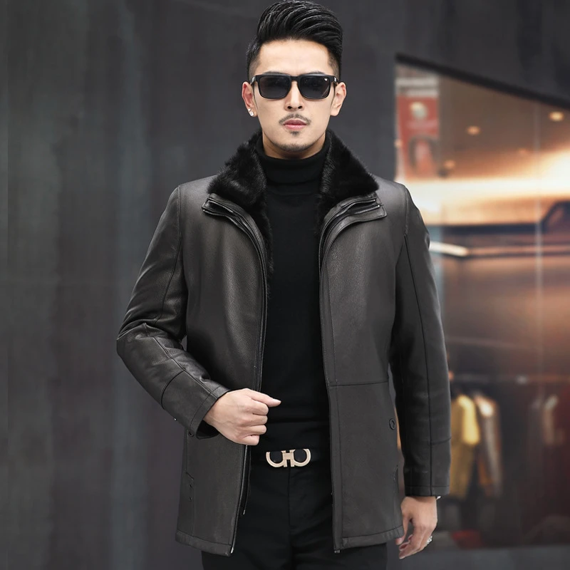 秋冬海宁真皮皮衣男士中老年山羊皮皮衣可脱卸水貂内胆外套男装