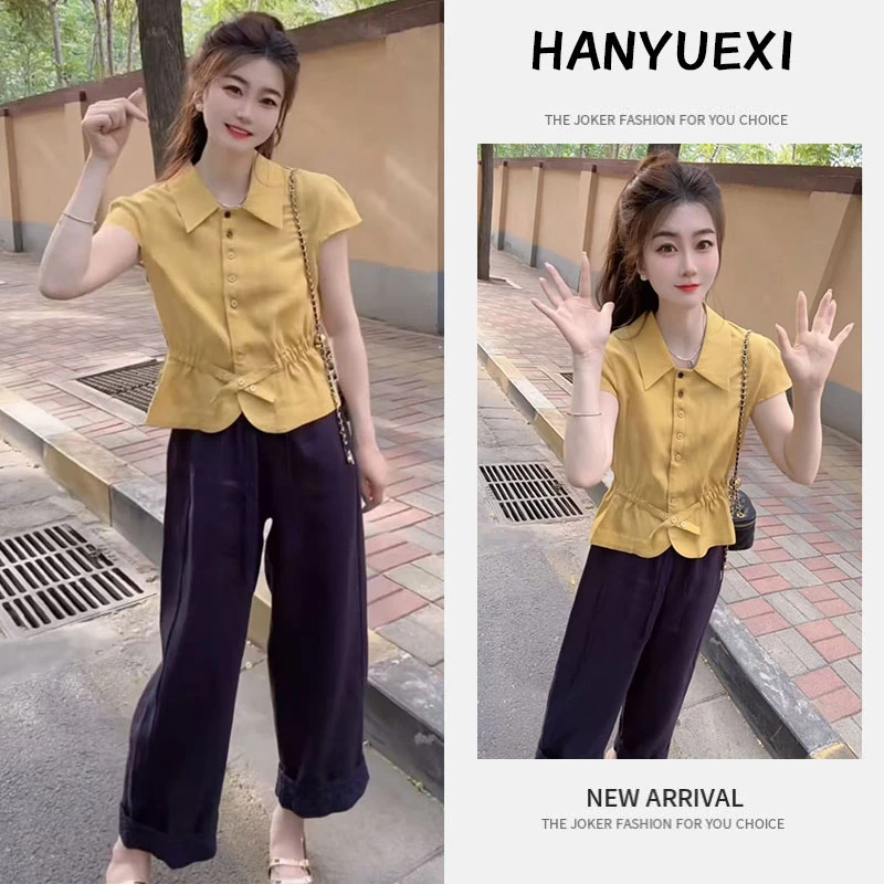 今年流行穿搭一整套2025新款纽扣收腰显瘦立领上衣休闲直筒裤套装