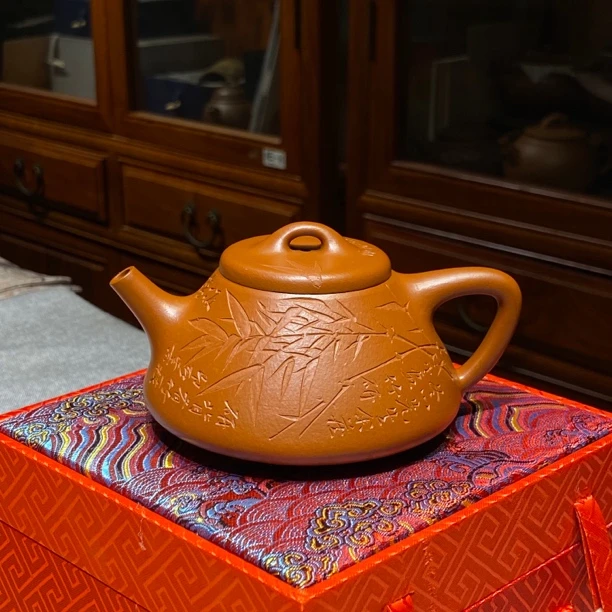 宜兴全手工紫砂壶子冶石瓢壶240cc宜兴原矿小煤窑朱泥刻绘板桥竹
