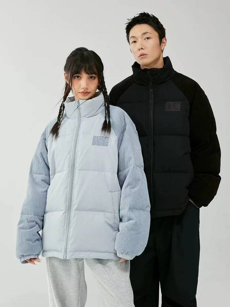 F9D灰蓝色”浮雕字母”线条袖棉服外套（9412）