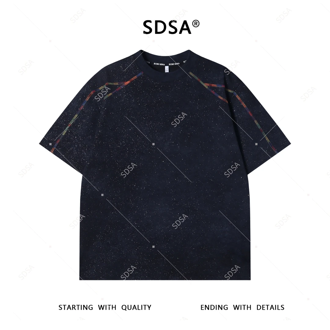 夏季高级感新款男士简约彩色缝线设计短袖T恤满天星宽松圆领上衣