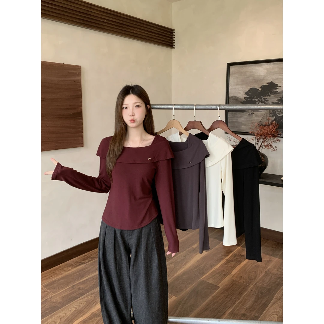 2025秋装新款胖mm大码女甜美设计感荷叶边方领长袖针织上衣