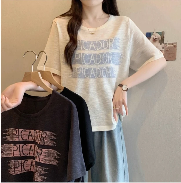 【大码】1-780大码女圆领字母短袖针织衫宽松减龄正肩显瘦上衣