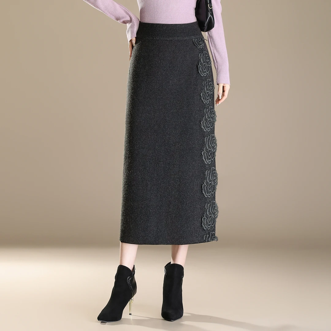 气质牡丹花边毛线裙女秋冬2025新款高级感显瘦包臀半身裙中长裙子