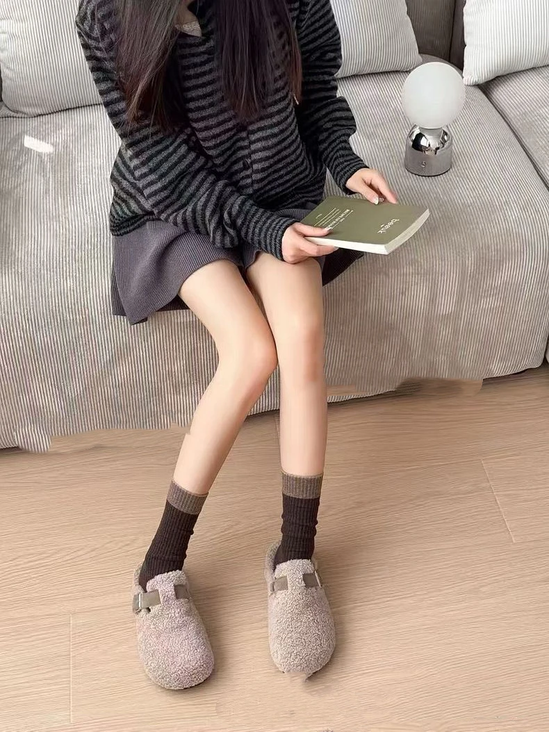双色罗口- 超俊女士秋冬中筒羊毛百搭双色无骨堆堆袜
