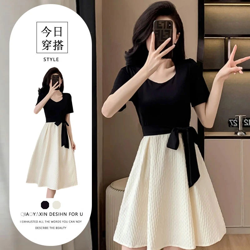 法式小香风黑色拼接连衣裙夏2025新款别致设计感赫本风小个子裙子