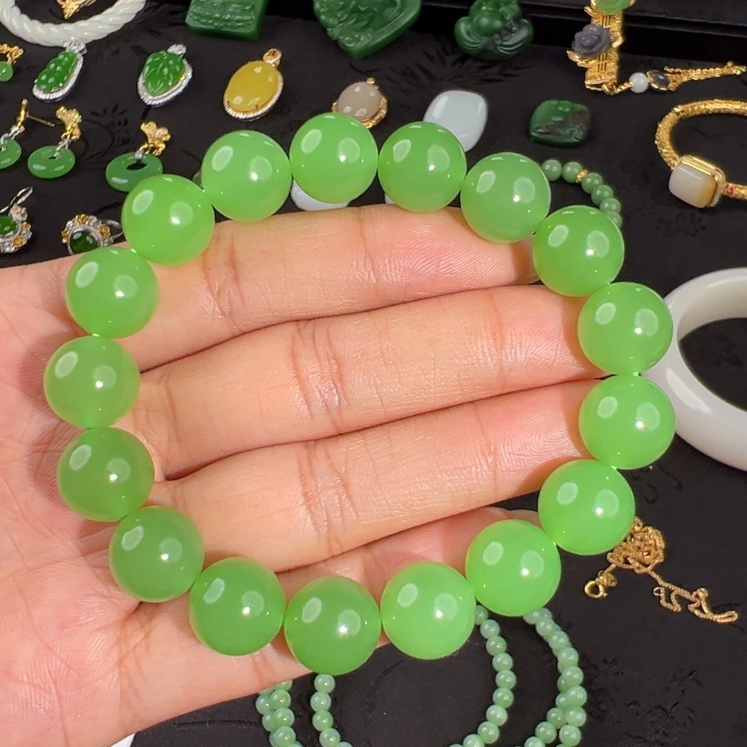 和田玉未镶嵌手串翠青满翠12手串