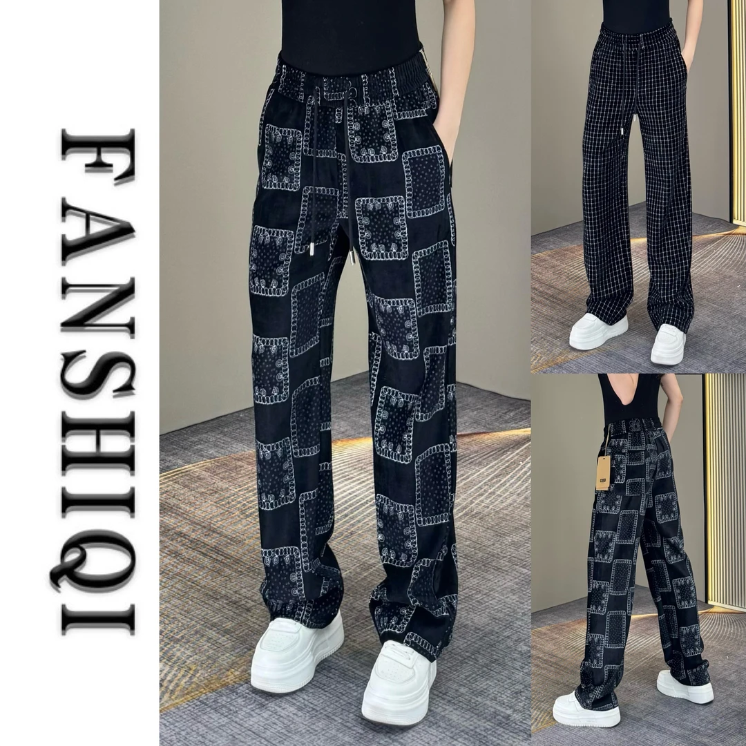 2025秋季男士高端雪尼尔黑色腰果花设计休闲裤百搭垂感格子长裤