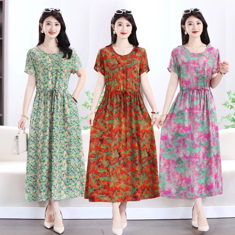 中年妈妈棉绸连衣裙外穿夏季新款中老年女装宽松遮肚花裙子人造棉