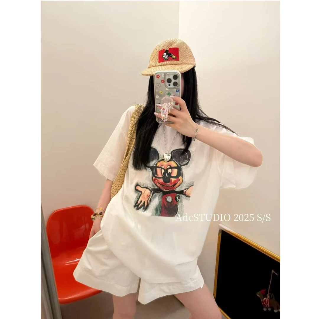 【现货-麻料米奇短袖】東room夏季新款韩版百搭麻料短袖垫肩T恤女