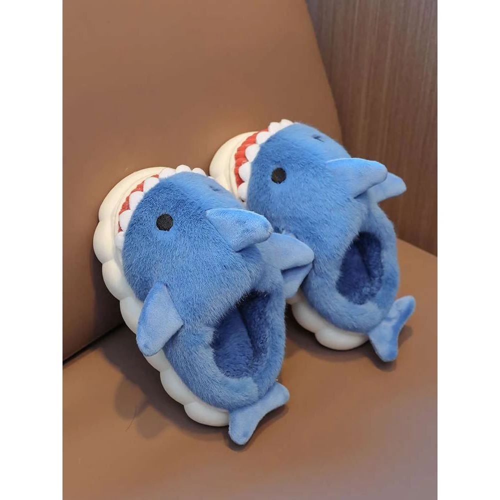 FAVMARTHA儿童棉拖鞋冬季可爱小鲨鱼宝宝男童女孩居家毛绒保暖厚