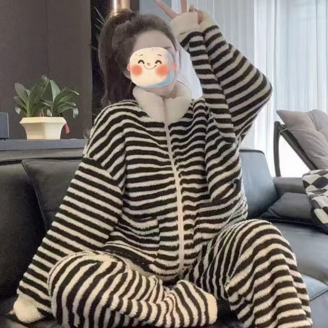 小个子保暖珊瑚绒韩系睡衣条纹拉链加绒加厚家居服两件套宽松上衣