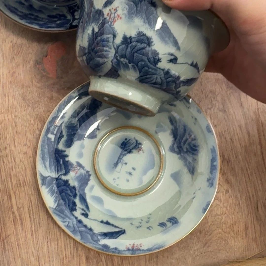 青花山水元宝盖碗