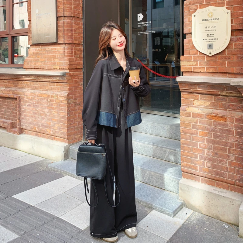 韩系松弛感牛仔拼接套装裤2025春秋新款气质显瘦ins风盐系两件套