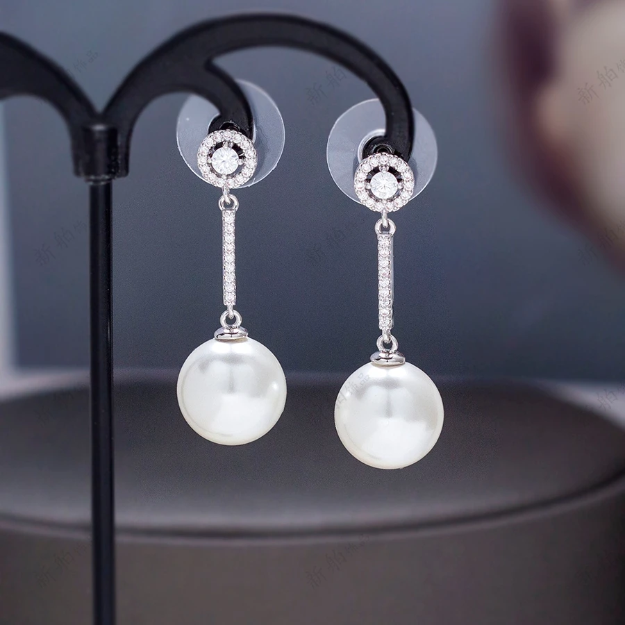 铜合金合成锆石耳饰 【白月光】2025流行银色满钻高级珠珠耳环1276