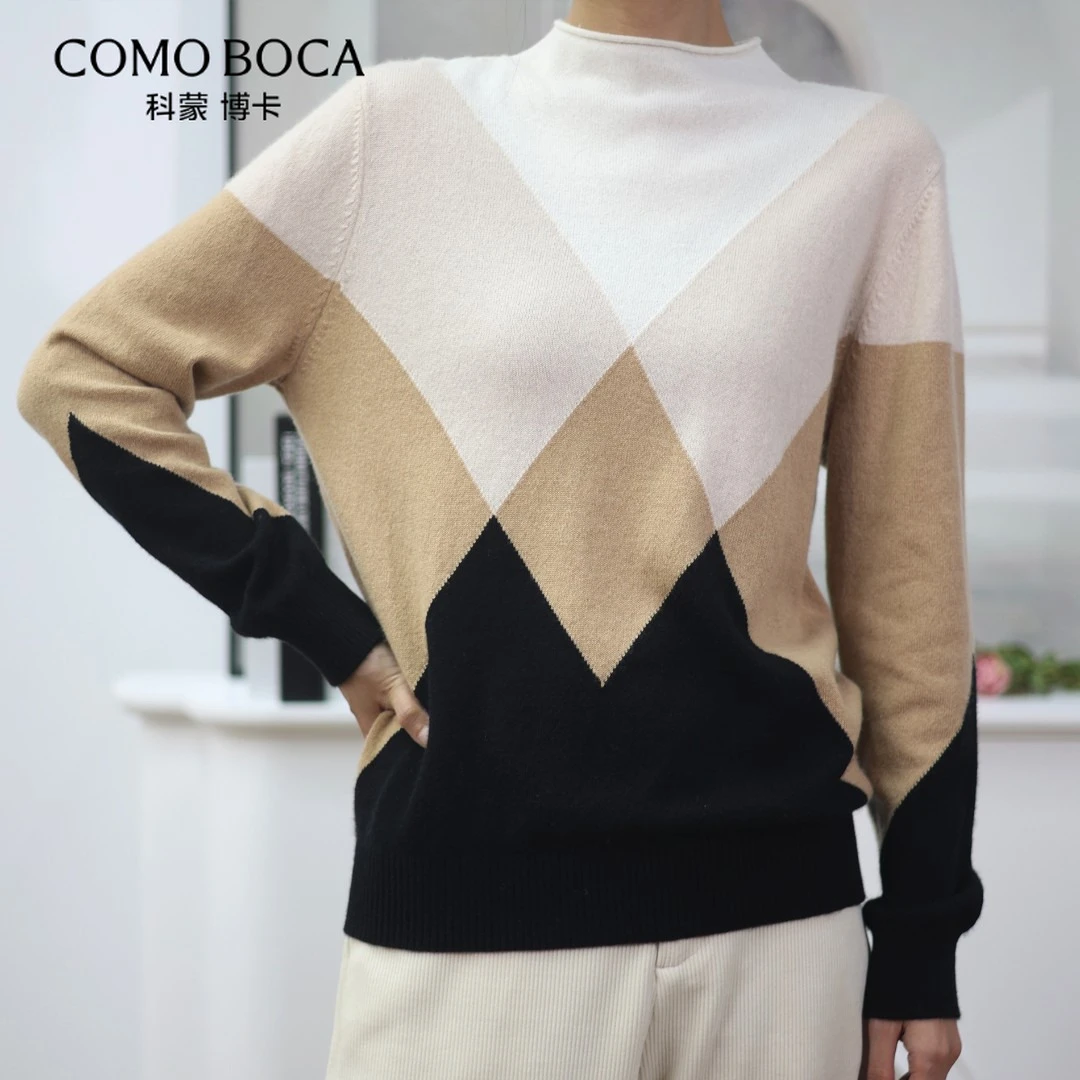 COMOBOCA/科蒙·博卡秋冬圆领条形嵌花套头毛衣女纯羊绒衫KSQ1772