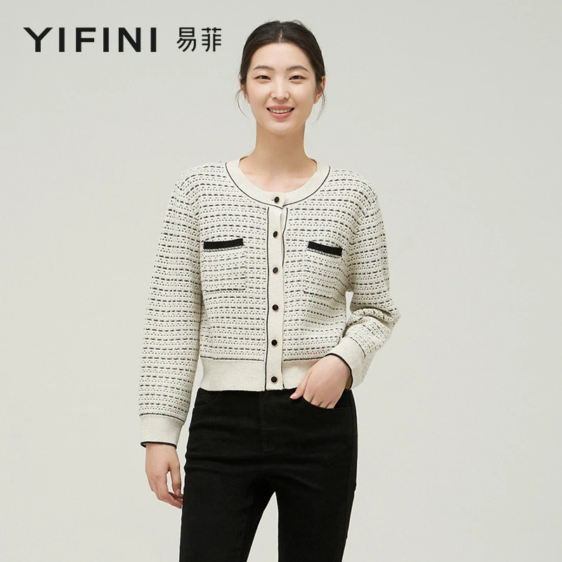 【Yifini】专柜同款气质小香风开襟设计宽松短款毛织外套B09T1402