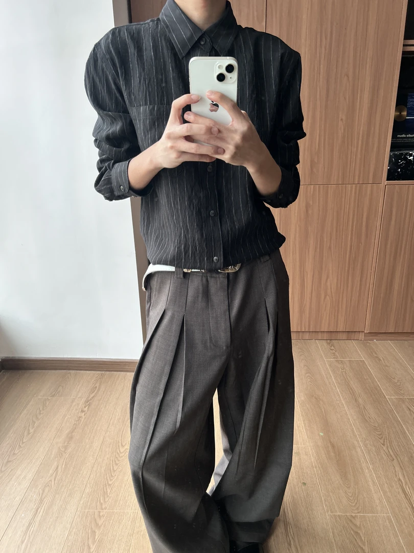 老钱风条纹亚麻衬衫复古优雅松弛感黑色长袖衬衣休闲外套