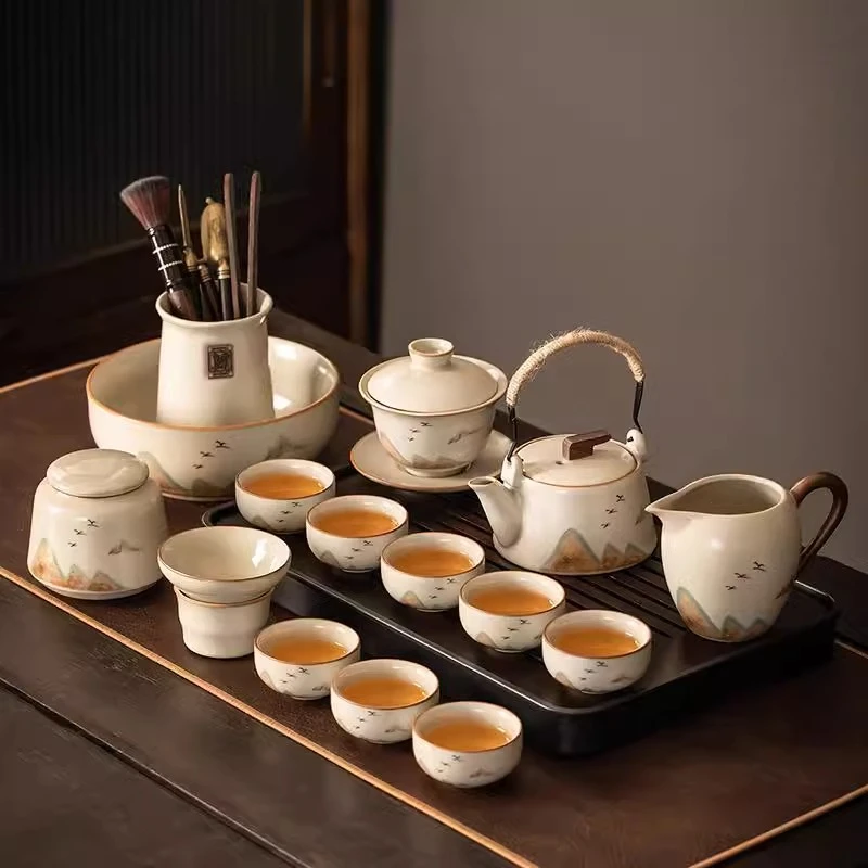 米黄汝窑茶具套装家用高档轻奢茶壶盖碗功夫茶杯茶盘整套