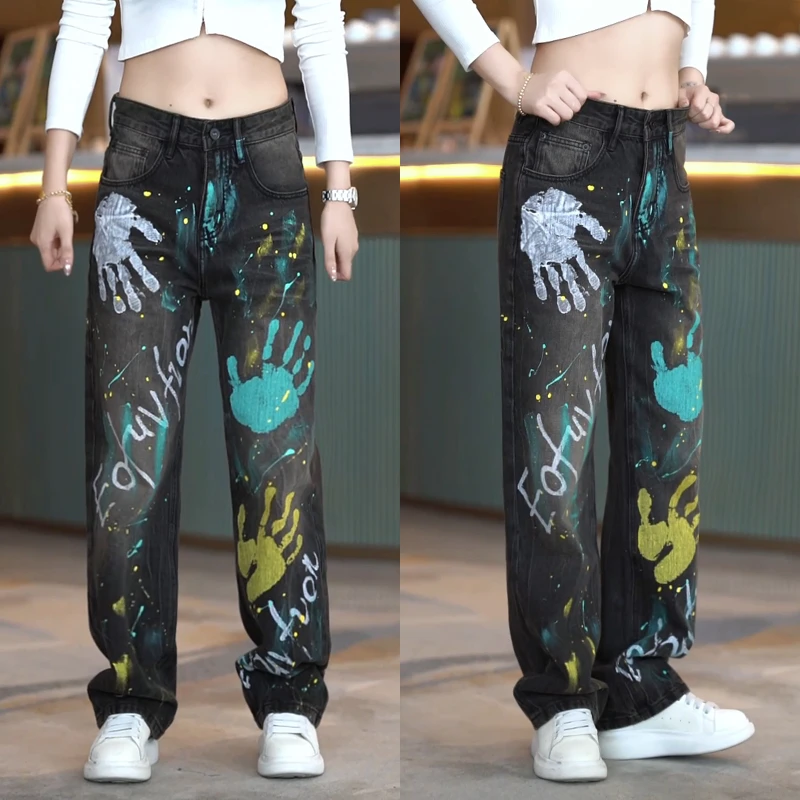 高街复古牛仔裤男美式个性涂鸦设计感直筒裤潮牌百搭宽松休闲裤子