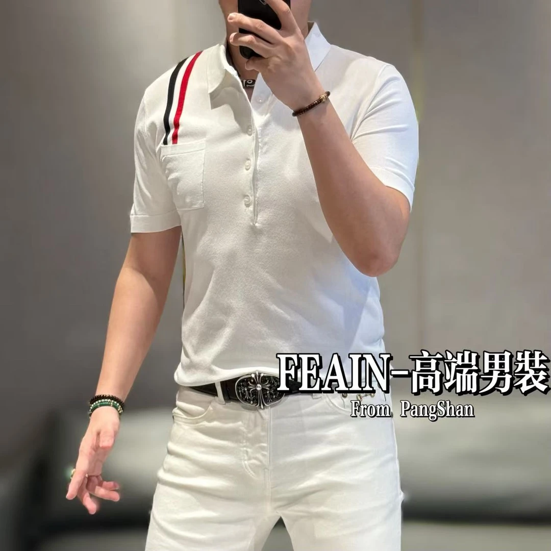 高端男士伊力特丝立体织带拼色胸前单口袋设计短袖poloM130