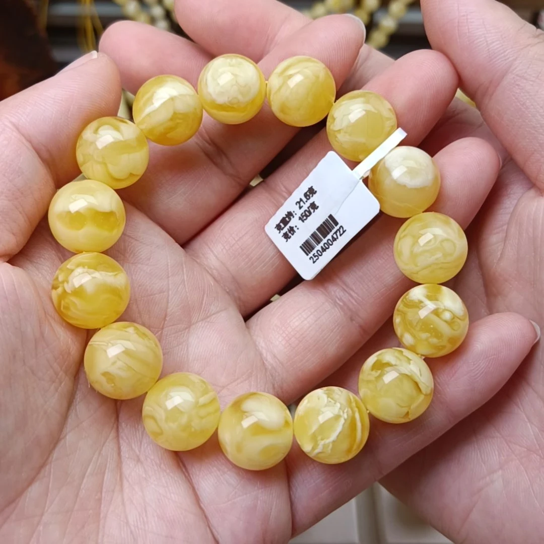 未镶嵌蜜蜡手链13大加圆珠浓白蜡溶洞妖花手围16