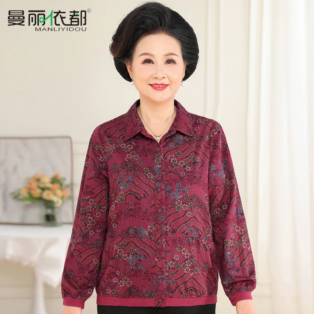中老年女装纯棉长袖衬衣洋气印花开衫宽松夹克妈妈装翻领老人衣服