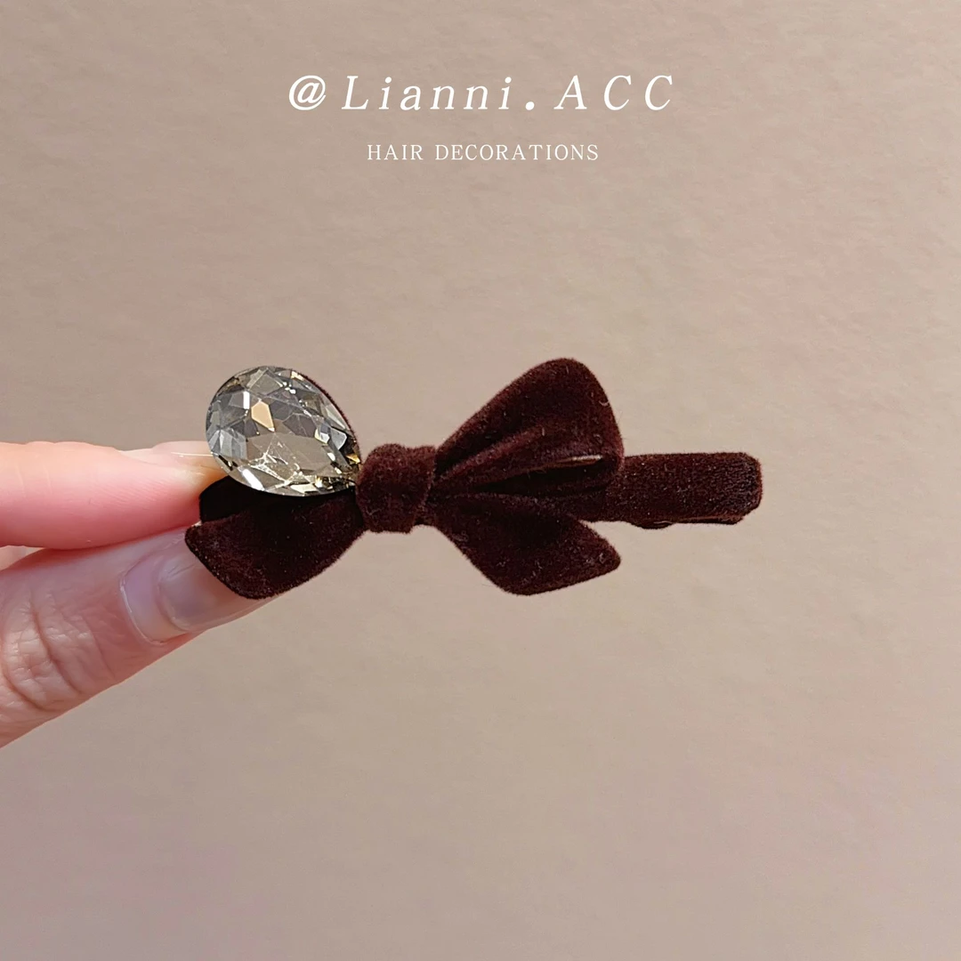 高级丝绒水钻蝴蝶结鸭嘴夹韩国新款气质侧边夹简约百搭镶钻刘海夹