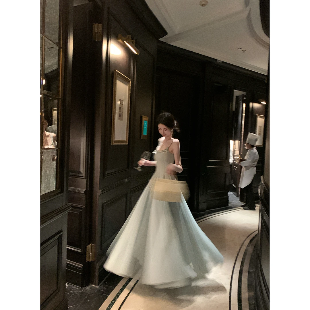 2025夏季新款大女主修身超仙儿水晶钻链网纱大摆清冷系禅意衣服女