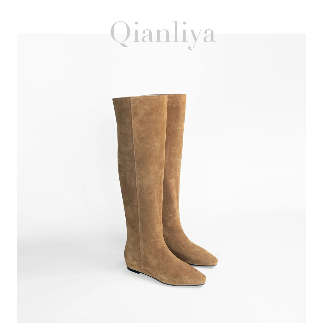 【QLY】—简约方头内增高直筒厚底坡跟内增高平口时装靴5519