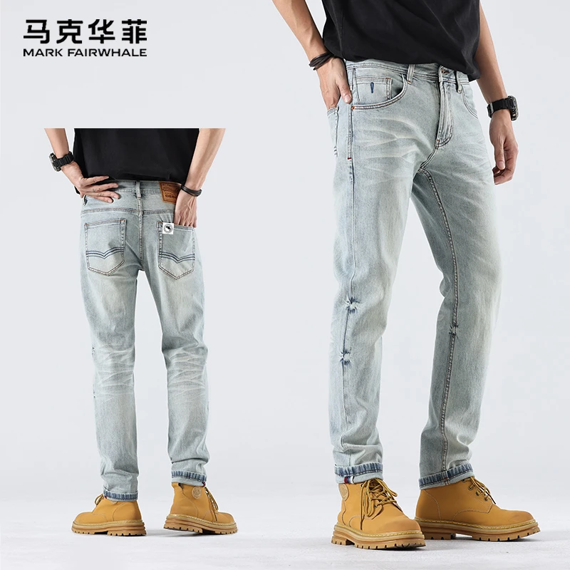 马克华菲夏季牛仔裤男士痞帅潮牌水洗修身小直筒百搭浅色休闲长裤